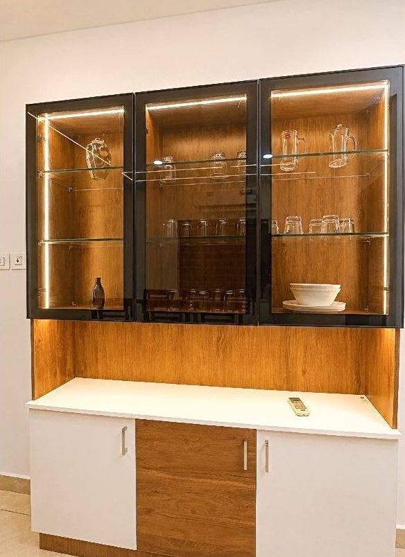 Illuminated glass crockery display unit