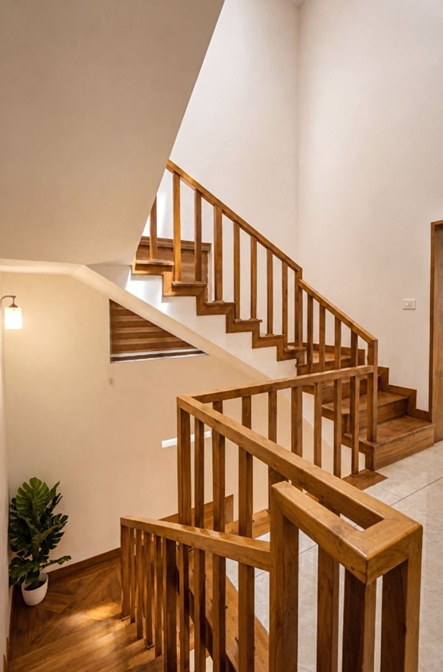 Handcrafted wooden staircase inside the villa