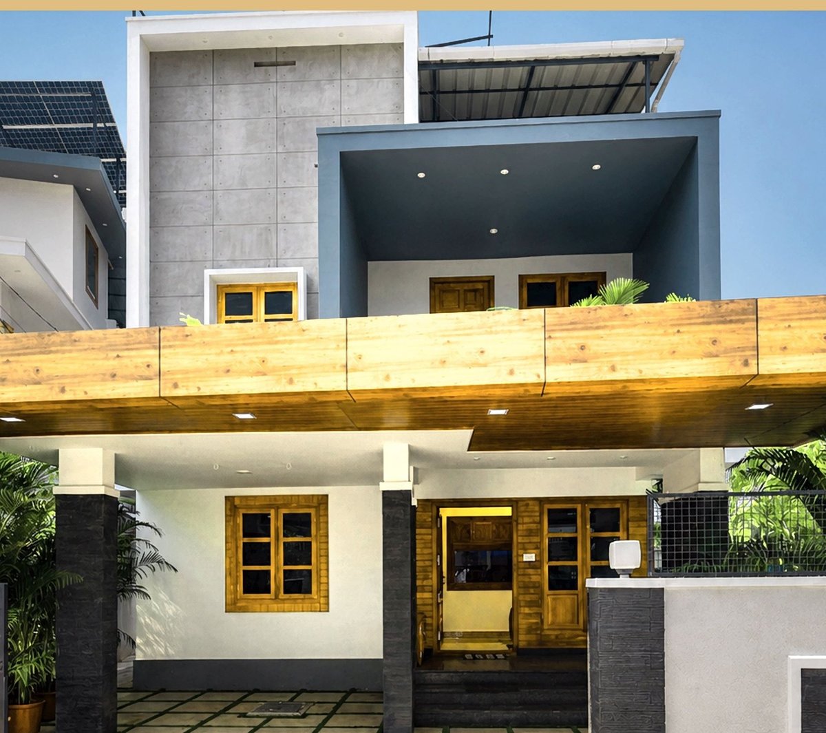 Skyport Villas façade with wooden pergola and landscaped entrance